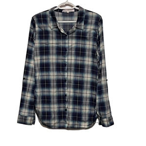Eden & Olivia Maturity‎ Blue White Plaid Flannel Shirt Elastic Sides Size XL
